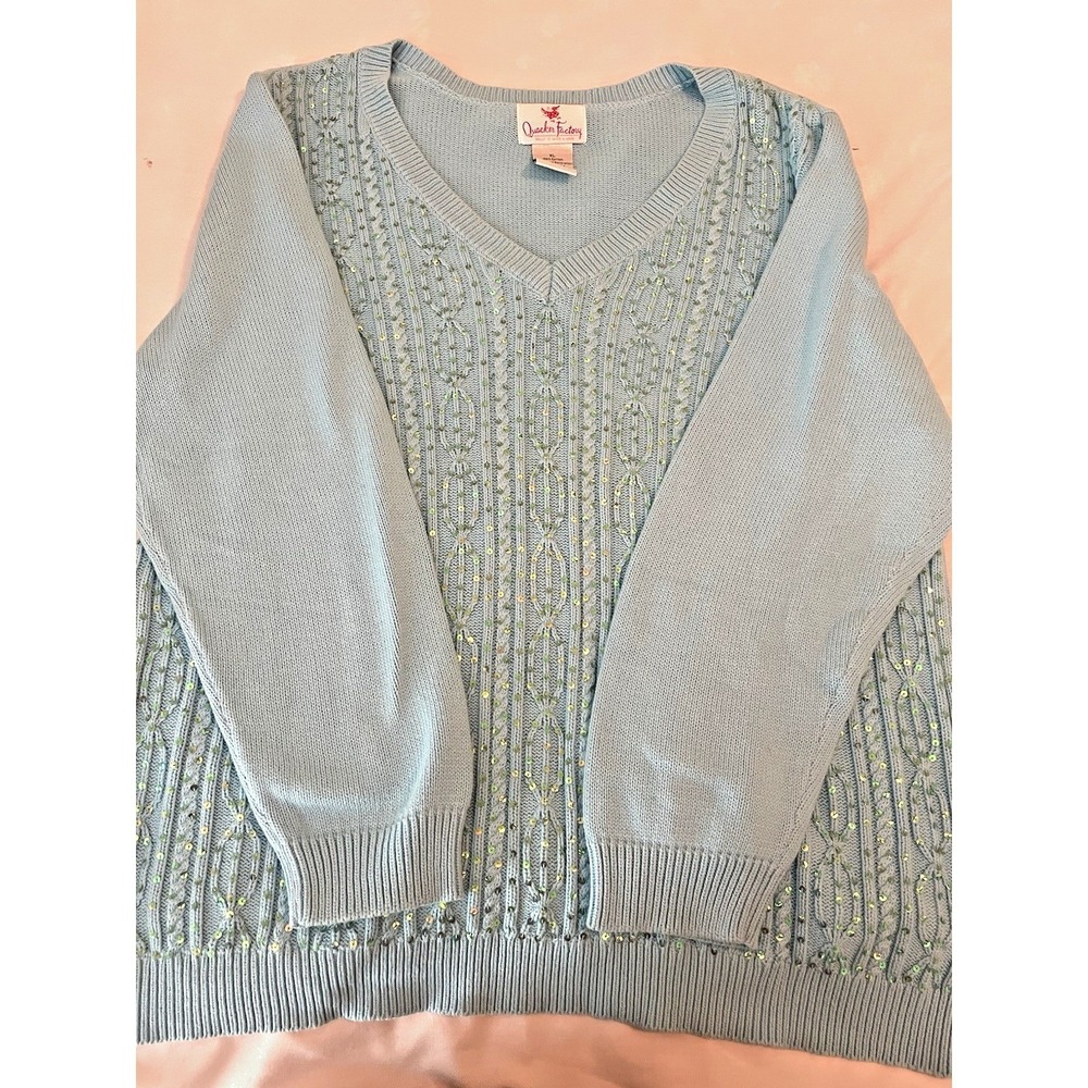 Quacker Factory Sweater XL Blue Sequin Cable Knit V Neck Holiday Sparkle Bling